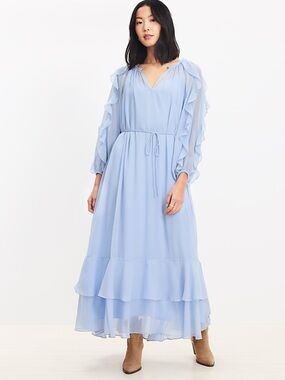 LOFT Blue Sheer Chiffon Ruffle Long Sleeve Maxi Dress MP Ethereal Flowy Romantic
